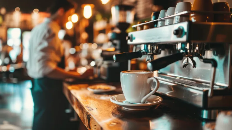 Barra de una cafetería con una taza de café junto a la cafetera